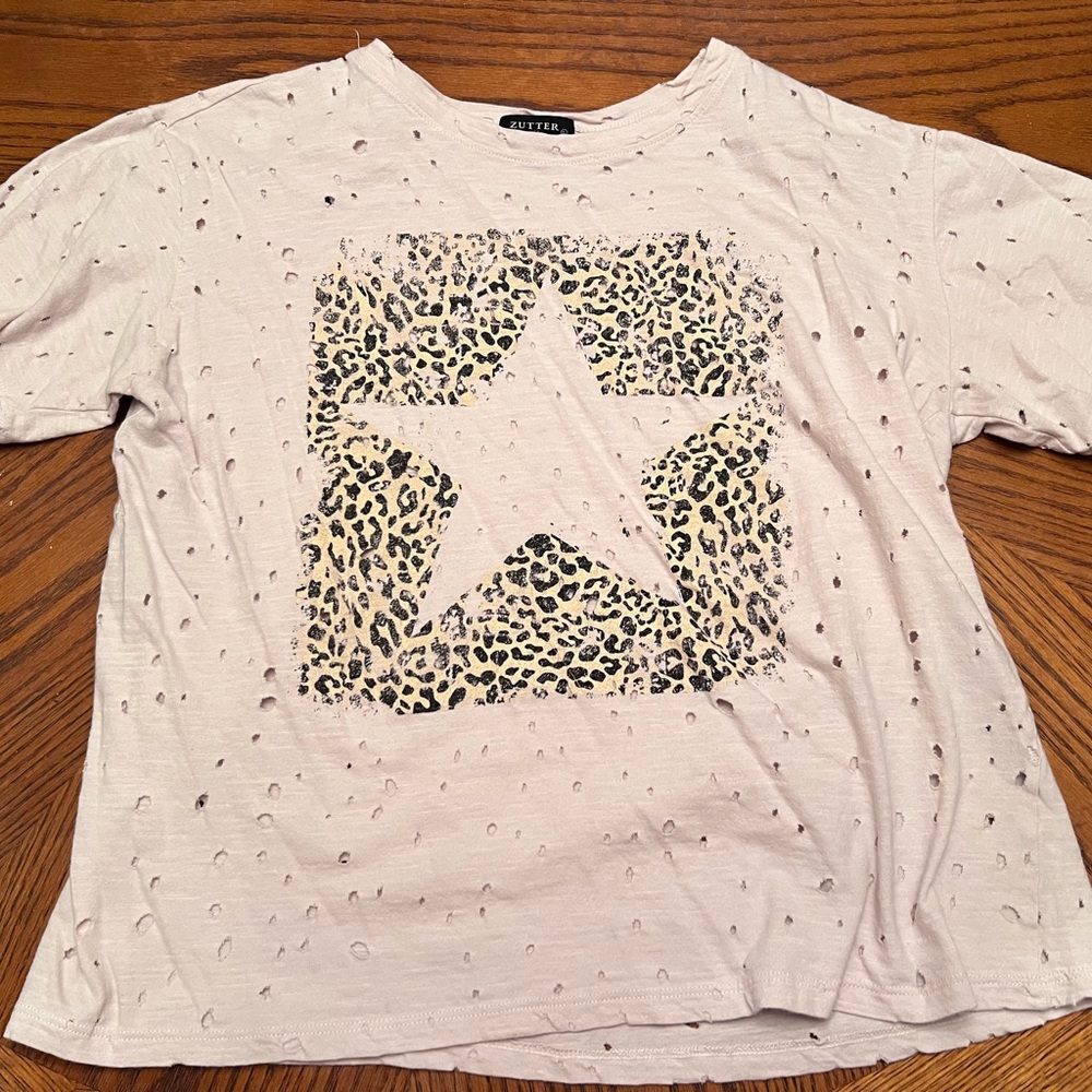 White Distressed Star Leopard Print T-Shirt